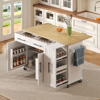 BTM Kücheninsel mit Drop Leaf Storage Cart mit Cabinet Organizer, Rollwagen auf Rädern mit Schubladen für Esszimmer, Weiß BTM Kücheninsel mit Drop Leaf Storage Cart mit Cabinet Organizer, Rollwagen auf Rädern mit Schubladen für Esszimmer, Weiß