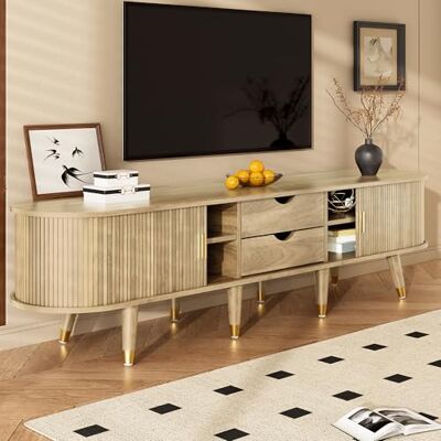 BTM TV-Schrank mit Schiebetüren Lowboard Stehend TV-Ständer mit Schubladen Fernsehschrank für Wohnzimmer, Eichen BTM TV-Schrank mit Schiebetüren Lowboard Stehend TV-Ständer mit Schubladen Fernsehschrank für Wohnzimmer, Eichen