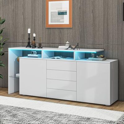 BTM Kommode, Sideboard mit LED, Wohnzimmermöbel in Weiß Hochglanz, Wohnzimmerschrank, Standschrank, TV-Schrank, Wohnzimmerwand, Highboard, Mehrzweckschrank, Buffetschrank Esszimmer BTM Kommode, Sideboard mit LED, Wohnzimmermöbel in Weiß Hochglanz, Wohnzimmerschrank, Standschrank, TV-Schrank, Wohnzimmerwand, Highboard, Mehrzweckschrank, Buffetschrank Esszimmer