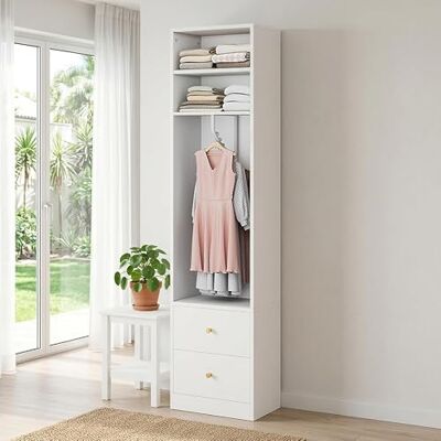 Merax Platzsparender Offener Kleiderschrank, schmaler Garderobenschrank mit 2 Schubladen, Kleiderstange und 2 Ablagefächern, moderner Flurschrank, 50x30x200 cm, Weiß Merax Platzsparender Offener Kleiderschrank, schmaler Garderobenschrank mit 2 Schubladen, Kleiderstange und 2 Ablagefächern, moderner Flurschrank, 50x30x200 cm, Weiß