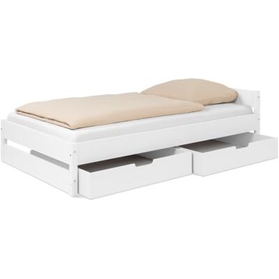 Ehrenkind ® Jugendbett höhenverstellbar 120x200 cm Massivholz Buche Weiß, Nova Pro mit 2 Schubladen Ehrenkind ® Jugendbett höhenverstellbar 120x200 cm Massivholz Buche Weiß, Nova Pro mit 2 Schubladen