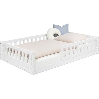 Ehrenkind ® Bodenbett 120x200 cm Weiß, Montessori Bett mit Rausfallschutz & Rollrost, Kinderbett & Jugendbett aus Massivholz Ehrenkind ® Bodenbett 120x200 cm Weiß, Montessori Bett mit Rausfallschutz & Rollrost, Kinderbett & Jugendbett aus Massivholz