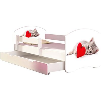 ACMA Kinderbett 180x80 Jugendbett mit Einer Schublade und Matratze, Rausfallschutz, Lattenrost Weiß, stabil, Kinderzimmer Bett, Jugendmöbel Design 40 Katze mit Herz ACMA Kinderbett 180x80 Jugendbett mit Einer Schublade und Matratze, Rausfallschutz, Lattenrost Weiß, stabil, Kinderzimmer Bett, Jugendmöbel Design 40 Katze mit Herz