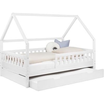 Ehrenkind ® Hausbett 120x200 cm Weiß mit Bettkasten, Kinderbett & Bodenbett mit Rausfallschutz und Rollrost, Montessori Bett Ehrenkind ® Hausbett 120x200 cm Weiß mit Bettkasten, Kinderbett & Bodenbett mit Rausfallschutz und Rollrost, Montessori Bett