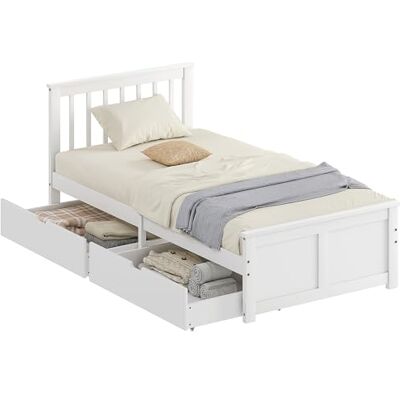 HOMCOM Bett 90 x 200 cm Bettrahmen mit Lattenrost, Schublade, Weiß Aus Holz, Unterbettaufbewahrung, Einzelbett, Holzbett mit Kopfteil, Bettgestell für Schlafzimmer, Gästezimmer HOMCOM Bett 90 x 200 cm Bettrahmen mit Lattenrost, Schublade, Weiß Aus Holz, Unterbettaufbewahrung, Einzelbett, Holzbett mit Kopfteil, Bettgestell für Schlafzimmer, Gästezimmer