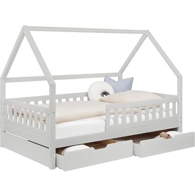 Ehrenkind ® Hausbett 120x200 cm Hellgrau mit 2 Schubladen, Kinderbett & Bodenbett mit Rausfallschutz und Rollrost, Montessori Bett Ehrenkind ® Hausbett 120x200 cm Hellgrau mit 2 Schubladen, Kinderbett & Bodenbett mit Rausfallschutz und Rollrost, Montessori Bett