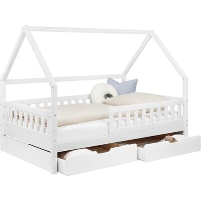 Ehrenkind ® Hausbett 120x200 cm Weiß mit 2 Schubladen, Kinderbett & Bodenbett mit Rausfallschutz und Rollrost, Montessori Bett Ehrenkind ® Hausbett 120x200 cm Weiß mit 2 Schubladen, Kinderbett & Bodenbett mit Rausfallschutz und Rollrost, Montessori Bett