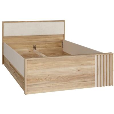 Forte ARANK Bett 126x202 cm, Scandi Stil, 2 Stauraumschubladen, Lamellendetails, Polsterkopfteil, Jugendzimmer, Mauvella Eiche Holzdekor/Beige, 130 cm breit x 84 cm hoch x 213 cm tief Forte ARANK Bett 126x202 cm, Scandi Stil, 2 Stauraumschubladen, Lamellendetails, Polsterkopfteil, Jugendzimmer, Mauvella Eiche Holzdekor/Beige, 130 cm breit x 84 cm hoch x 213 cm tief