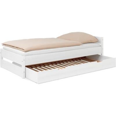 Ehrenkind ® Jugendbett höhenverstellbar 90x200 cm Massivholz Buche Weiß, Nova Pro mit Bettkasten Ehrenkind ® Jugendbett höhenverstellbar 90x200 cm Massivholz Buche Weiß, Nova Pro mit Bettkasten