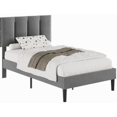 VECELO Polsterbett 90x200 cm mit Lattenrost, Einzelbett mit höhenverstellbarem Samt-Kopfteil, stabiles Bettgestell, geräuscharm, 20 cm Stauraum unter dem Bett, Grau VECELO Polsterbett 90x200 cm mit Lattenrost, Einzelbett mit höhenverstellbarem Samt-Kopfteil, stabiles Bettgestell, geräuscharm, 20 cm Stauraum unter dem Bett, Grau