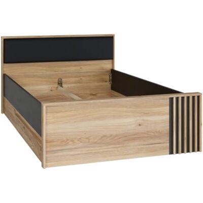 Forte ARANK Bett 126x202 cm, Scandi Stil, 2 Stauraumschubladen, Lamellendetails, Polsterkopfteil, Jugendzimmer, Mauvella Eiche Holzdekor/Schwarz, 130 cm breit x 84 cm hoch x 213 cm tief Forte ARANK Bett 126x202 cm, Scandi Stil, 2 Stauraumschubladen, Lamellendetails, Polsterkopfteil, Jugendzimmer, Mauvella Eiche Holzdekor/Schwarz, 130 cm breit x 84 cm hoch x 213 cm tief