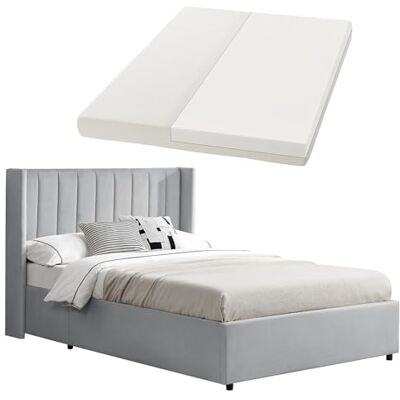 Juskys Polsterbett Savona 140x200 cm mit Matratze, Bett mit Stauraum, Samt-Bezug, Bettgestell aus Holz, bis 250 kg, großes Kopfteil, Hellgrau Juskys Polsterbett Savona 140x200 cm mit Matratze, Bett mit Stauraum, Samt-Bezug, Bettgestell aus Holz, bis 250 kg, großes Kopfteil, Hellgrau