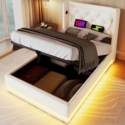 Merax Polsterbett 90x200cm, Einzelbett mit Stauraum und Lattenrost, LED Kopfteil mit USB C Ladefunktion, Hydraulisches Stauraumbett, Modern Funktionsbetten Bettgestell, Weiß-Kunstleder, Ohne Matratze Merax Polsterbett 90x200cm, Einzelbett mit Stauraum und Lattenrost, LED Kopfteil mit USB C Ladefunktion, Hydraulisches Stauraumbett, Modern Funktionsbetten Bettgestell, Weiß-Kunstleder, Ohne Matratze