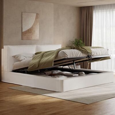 Merax Polsterbett Doppelbett 180x200 cm mit hydraulischem Stauraum & Lattenrost, Samt, 13 cm Dickes gepolstertes Kopfteil (105 cm hoch), eingebaute Struktur, bouclé, Beige (Ohne Matratze) Merax Polsterbett Doppelbett 180x200 cm mit hydraulischem Stauraum & Lattenrost, Samt, 13 cm Dickes gepolstertes Kopfteil (105 cm hoch), eingebaute Struktur, bouclé, Beige (Ohne Matratze)