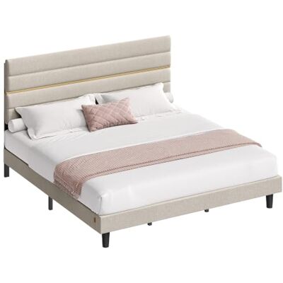 VASAGLE Polsterbett, mit Verstellbarem Kopfteil und Lattenrost Bettgestell, Metallrahmen, Geräuschfrei, Einfacher Aufbau, 202 x 180 x 110 cm, Beige, KACY Kollektion RMB508L101 VASAGLE Polsterbett, mit Verstellbarem Kopfteil und Lattenrost Bettgestell, Metallrahmen, Geräuschfrei, Einfacher Aufbau, 202 x 180 x 110 cm, Beige, KACY Kollektion RMB508L101