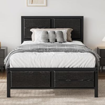 VECELO Bettgestell 90x200 cm, Metallbett mit Kopf- und Fußteil in Holzoptik, Einzelbett mit Lattenrost, 31 cm Stauraum unter dem Bett, kein Boxspring nötig, Einfache Montage, Schwarz VECELO Bettgestell 90x200 cm, Metallbett mit Kopf- und Fußteil in Holzoptik, Einzelbett mit Lattenrost, 31 cm Stauraum unter dem Bett, kein Boxspring nötig, Einfache Montage, Schwarz