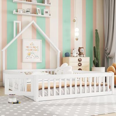 Merax Kinderbett Bodenbett 140x200 cm Hausbett mit Rausfallschutz & Lattenrost, Schornsteinform, öffnbarem Zaun Montessori Bett, Jugendbett, Holz Bettgestell(ohne Matratze), Weiß Merax Kinderbett Bodenbett 140x200 cm Hausbett mit Rausfallschutz & Lattenrost, Schornsteinform, öffnbarem Zaun Montessori Bett, Jugendbett, Holz Bettgestell(ohne Matratze), Weiß