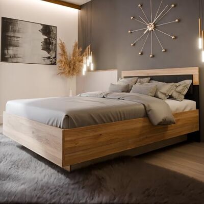 Forte BADERNA Bett 145, Bett mit Lattenrost und Stauraum, Holzwerkstoff, Mauvella Eiche Dekor/Schwarz, 145 cm breit, 99,5 cm hoch, 205 cm tief Forte BADERNA Bett 145, Bett mit Lattenrost und Stauraum, Holzwerkstoff, Mauvella Eiche Dekor/Schwarz, 145 cm breit, 99,5 cm hoch, 205 cm tief