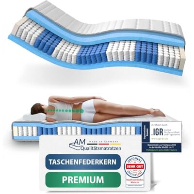 AM Qualitätsmatratzen Premium Taschenfederkernmatratze 90x200cm H3 24cm Made in Germany & Oeko TEX Siegel 7 Zonen Federkernmatratze 90x200 mit Lyocell Bezug Ergonomische Matratze 90x200 H3 AM Qualitätsmatratzen Premium Taschenfederkernmatratze 90x200cm H3 24cm Made in Germany & Oeko TEX Siegel 7 Zonen Federkernmatratze 90x200 mit Lyocell Bezug Ergonomische Matratze 90x200 H3