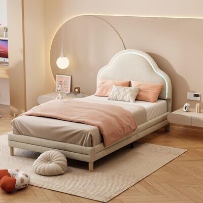 BTM Polsterbett mit Kopfteil in Wolkenform, mit mehrfarbigen, wechselnden LED-Streifen, Kinderbett mit Holzlatten, Einzelbett, Samt, Beige, 90x200cm BTM Polsterbett mit Kopfteil in Wolkenform, mit mehrfarbigen, wechselnden LED-Streifen, Kinderbett mit Holzlatten, Einzelbett, Samt, Beige, 90x200cm