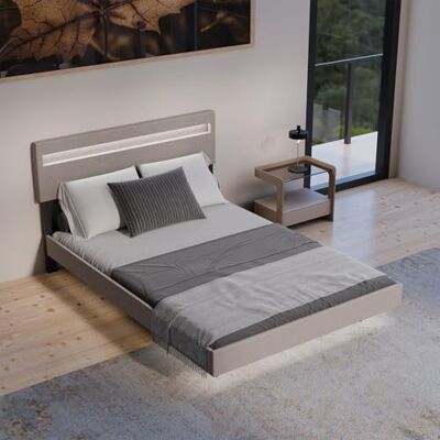 Juskys Schwebebett Lissabon 140x200 cm beige Polsterbett mit LED, Lattenrost und Kopfstütze Modernes Bett mit Holz Bettgestell und Leinen Juskys Schwebebett Lissabon 140x200 cm beige Polsterbett mit LED, Lattenrost und Kopfstütze Modernes Bett mit Holz Bettgestell und Leinen