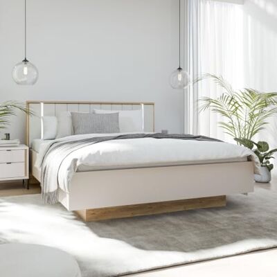 Forte SERAVEL Bettgestell 160x200, Elegantes Bett mit Stauraum unte Lattenrost, Holzwerkstoff, Kaschmir Beige/Mauvella Eiche Holzdekor, 169,4 cm breit x 100,5 cm hoch x 213,2 cm tief Forte SERAVEL Bettgestell 160x200, Elegantes Bett mit Stauraum unte Lattenrost, Holzwerkstoff, Kaschmir Beige/Mauvella Eiche Holzdekor, 169,4 cm breit x 100,5 cm hoch x 213,2 cm tief