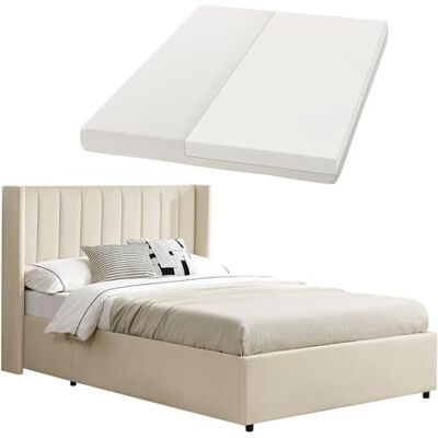 Juskys Polsterbett Savona 140x200 cm mit Matratze, Bett mit Stauraum, Samt-Bezug, Bettgestell aus Holz, bis 250 kg, großes Kopfteil, Beige Juskys Polsterbett Savona 140x200 cm mit Matratze, Bett mit Stauraum, Samt-Bezug, Bettgestell aus Holz, bis 250 kg, großes Kopfteil, Beige