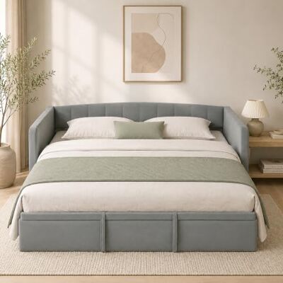 HOMCOM Bettgestell 90/180x190cm Ausziehbar Wandelbar Hellgrau Einzelsofa-Bett (Doppel), gepolstertes Kopfteil, Armlehnen, 2 Taschen, Lattenrost aus Pappel, für Gäste/Wohnzimmer HOMCOM Bettgestell 90/180x190cm Ausziehbar Wandelbar Hellgrau Einzelsofa-Bett (Doppel), gepolstertes Kopfteil, Armlehnen, 2 Taschen, Lattenrost aus Pappel, für Gäste/Wohnzimmer