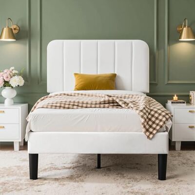 VECELO Polsterbett 90x200 cm – Samtbezug, Einzelbett Bettgestell mit Lattenrost aus Massivholz, Einfache Montage, Ideal für Jugendzimmer, Weiß VECELO Polsterbett 90x200 cm – Samtbezug, Einzelbett Bettgestell mit Lattenrost aus Massivholz, Einfache Montage, Ideal für Jugendzimmer, Weiß