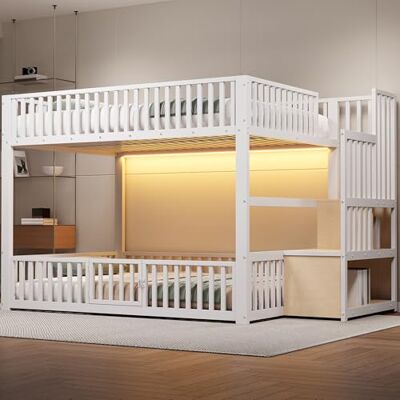 BTM Etagenbett 140 x 200cm Bunk Bed Jugendbett mit Treppe, LED und Leitplanke Stockbett für 2 Kinder Weiß, ohne Matratze BTM Etagenbett 140 x 200cm Bunk Bed Jugendbett mit Treppe, LED und Leitplanke Stockbett für 2 Kinder Weiß, ohne Matratze