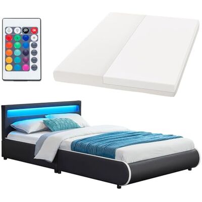Juskys Polsterbett Sevilla 140x200 cm mit Matratze, LED Beleuchtung, Lattenrost & Kopfteil Holz & Kunstleder 16 Farbeinstellungen & Fernbedienung Bett Jugendbett Einzelbett Schwarz Juskys Polsterbett Sevilla 140x200 cm mit Matratze, LED Beleuchtung, Lattenrost & Kopfteil Holz & Kunstleder 16 Farbeinstellungen & Fernbedienung Bett Jugendbett Einzelbett Schwarz