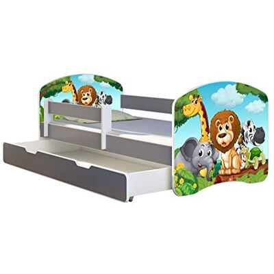 ACMA Kinderbett Jugendbett mit Einer Schublade und Matratze Grau mit Rausfallschutz Lattenrost II Spielbett Kinderzimmer Möbel (02 Animals, 180x80 + Bettkasten) ACMA Kinderbett Jugendbett mit Einer Schublade und Matratze Grau mit Rausfallschutz Lattenrost II Spielbett Kinderzimmer Möbel (02 Animals, 180x80 + Bettkasten)