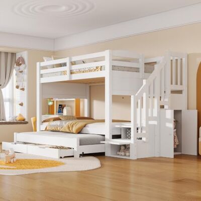 BTM Etagenbett 90x200 mit Ausziehbett, Kleiderschrank & Schubladen Weiß BTM Etagenbett 90x200 mit Ausziehbett, Kleiderschrank & Schubladen Weiß