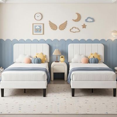VECELO 2er-Set Polsterbetten 90x200 cm, Einzelbett mit Samtbezug und Massivholz-Lattenrost, Gepolstertes Bettgestell, Stabiles Jugendbett, Einfache Montage, Weiß VECELO 2er-Set Polsterbetten 90x200 cm, Einzelbett mit Samtbezug und Massivholz-Lattenrost, Gepolstertes Bettgestell, Stabiles Jugendbett, Einfache Montage, Weiß