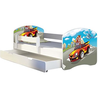 ACMA Kinderbett 140x70 Jugendbett mit Einer Schublade und Matratze, Rausfallschutz, Lattenrost Weiß, stabil, Kinderzimmer Bett, Jugendmöbel Design 03 Racing Car ACMA Kinderbett 140x70 Jugendbett mit Einer Schublade und Matratze, Rausfallschutz, Lattenrost Weiß, stabil, Kinderzimmer Bett, Jugendmöbel Design 03 Racing Car