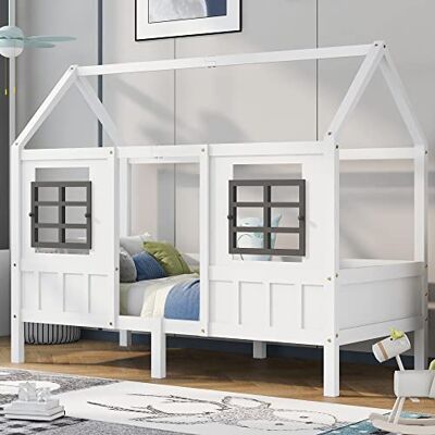 BTM Hausbett Spielbett 90x200, Vielseitiges Kiefernrahmen Kinderbett Spielbett für Jungen & Mädchen Kinder Bett mit Rausfallschutz und Lattenrost BTM Hausbett Spielbett 90x200, Vielseitiges Kiefernrahmen Kinderbett Spielbett für Jungen & Mädchen Kinder Bett mit Rausfallschutz und Lattenrost