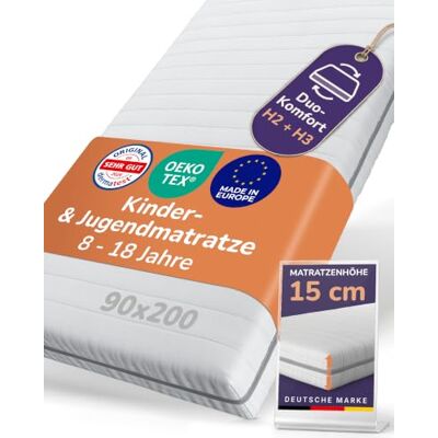 Sun Garden Jugend- und Kindermatratze 90x200, für 8 bis 18 Jahre geeignet Wendematratze mit Duo-Komfort H2 und H3, Kaltschaummatratze RG30, 7 Zonen, 15 cm Höhe, Bezug waschbar bei 60 °C Sun Garden Jugend- und Kindermatratze 90x200, für 8 bis 18 Jahre geeignet Wendematratze mit Duo-Komfort H2 und H3, Kaltschaummatratze RG30, 7 Zonen, 15 cm Höhe, Bezug waschbar bei 60 °C