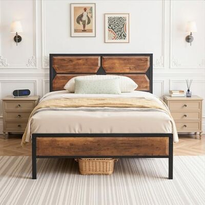 VECELO Bettgestell 90x200 cm mit Kopfteil in Holzoptik und Lattenrost, stabiles Einzelbett aus Metall mit 31 cm Stauraum unter dem Bett, kein Boxspring erforderlich, geräuscharme, Vintage Braun VECELO Bettgestell 90x200 cm mit Kopfteil in Holzoptik und Lattenrost, stabiles Einzelbett aus Metall mit 31 cm Stauraum unter dem Bett, kein Boxspring erforderlich, geräuscharme, Vintage Braun