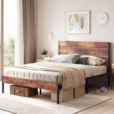 VECELO Bettgestell 140x200 cm, Doppelbett mit Holzkopfteil und stabilem Metalllattenrost, 320 kg Tragkraft, 31 cm Stauraum, Einfache Montage, Industrie-Stil, Braun VECELO Bettgestell 140x200 cm, Doppelbett mit Holzkopfteil und stabilem Metalllattenrost, 320 kg Tragkraft, 31 cm Stauraum, Einfache Montage, Industrie-Stil, Braun