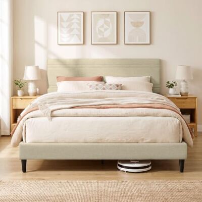 HOMCOM Bettgestell 160x200cm mit Holzlatten, Doppelbett, Beige Gepolsterter Leinen-Effekt, Stahlrahmen, 9 stabile Beine, geräuschlos, 360kg Belastbarkeit, einfacher Aufbau HOMCOM Bettgestell 160x200cm mit Holzlatten, Doppelbett, Beige Gepolsterter Leinen-Effekt, Stahlrahmen, 9 stabile Beine, geräuschlos, 360kg Belastbarkeit, einfacher Aufbau