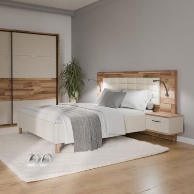 Forte RICCIANO Bettgestell mit Nachtkommoden 140x190cm, Bett mit Polsterkopfteil, Holzwerkstoff, Stabeiche Holzdekor/Betonoptik Dunkelgrau, 256,5 cm breit x 119,7 cm hoch x 199,9 cm tief Forte RICCIANO Bettgestell mit Nachtkommoden 140x190cm, Bett mit Polsterkopfteil, Holzwerkstoff, Stabeiche Holzdekor/Betonoptik Dunkelgrau, 256,5 cm breit x 119,7 cm hoch x 199,9 cm tief