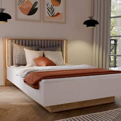 Forte Rankin Bett 140x200 cm, modernes Bettgestell mit Polsterkopfteil und Stauraum, Holzwerkstoff, Mauvella Eiche Holzkdekor/Kaschmir Beige, 156,6 cm breit x 103,7 cm hoch x 214 cm tief Forte Rankin Bett 140x200 cm, modernes Bettgestell mit Polsterkopfteil und Stauraum, Holzwerkstoff, Mauvella Eiche Holzkdekor/Kaschmir Beige, 156,6 cm breit x 103,7 cm hoch x 214 cm tief