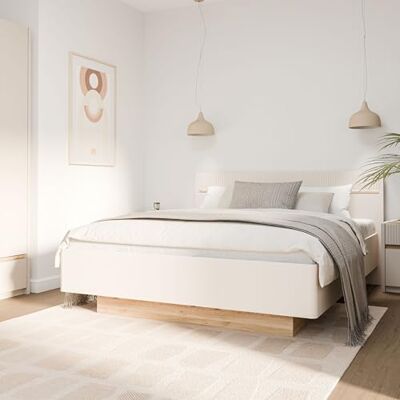 Forte Oak SQUERE Bettgestell 160x200, modernes Bettgestell mit Polsterkopfteil, Stauraum, Lamellendetail, Kaschmir Beige/Mauvella Eiche Holzdekor, 173,8 cm breit x 95 cm hoch x 207,5 cm tief Forte Oak SQUERE Bettgestell 160x200, modernes Bettgestell mit Polsterkopfteil, Stauraum, Lamellendetail, Kaschmir Beige/Mauvella Eiche Holzdekor, 173,8 cm breit x 95 cm hoch x 207,5 cm tief