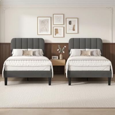 VECELO 2er-Set Polsterbett 90x200 cm – Samtbezug, Einzelbett Bettgestell mit Lattenrost aus Massivholz, Einfache Montage, Ideal für Jugendzimmer, Grau VECELO 2er-Set Polsterbett 90x200 cm – Samtbezug, Einzelbett Bettgestell mit Lattenrost aus Massivholz, Einfache Montage, Ideal für Jugendzimmer, Grau