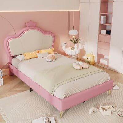 BTM Elegantes Einzelbett 90x200 cm aus PU-Leder, Kinderbett mit gepolstertem Kronen-Kopfteil, weichen Schutzkanten und stabilen Metall Bettfüßen, stilvolles Jugendbett für Kinderzimmer BTM Elegantes Einzelbett 90x200 cm aus PU-Leder, Kinderbett mit gepolstertem Kronen-Kopfteil, weichen Schutzkanten und stabilen Metall Bettfüßen, stilvolles Jugendbett für Kinderzimmer