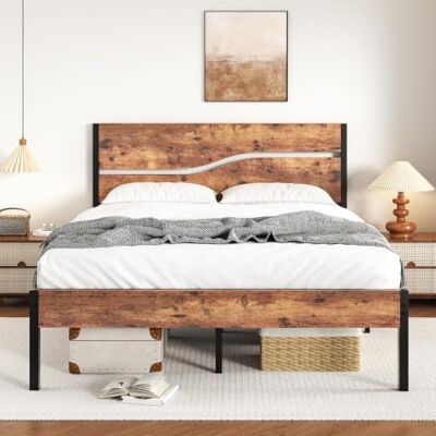 VECELO Bettgestell 140x200 cm, Doppelbett mit Holzoptik-Kopfteil und Lattenrost, Bett mit 31 cm Stauraum unter dem Bett, Stabiler Bettrahmen, Vintage-Design, Braun VECELO Bettgestell 140x200 cm, Doppelbett mit Holzoptik-Kopfteil und Lattenrost, Bett mit 31 cm Stauraum unter dem Bett, Stabiler Bettrahmen, Vintage-Design, Braun