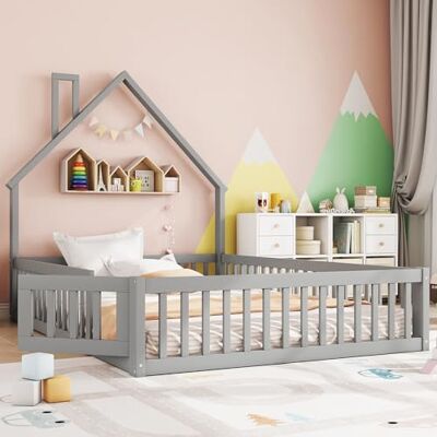 Merax Kinderbett Bodenbett 140x200 cm Hausbett mit Rausfallschutz & Lattenrost, Schornsteinform, öffnbarem Zaun Montessori Bett, Jugendbett, Holz Bettgestell(ohne Matratze), Grau Merax Kinderbett Bodenbett 140x200 cm Hausbett mit Rausfallschutz & Lattenrost, Schornsteinform, öffnbarem Zaun Montessori Bett, Jugendbett, Holz Bettgestell(ohne Matratze), Grau