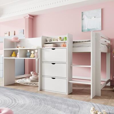 Merax Kinderbett 90x200 cm Funktionsbett Hochbett mit Stauraum, Entertainment-Bereich unter dem Bett Holzbett mit Lattenrost, Leiter und Rausfallschutz, Kiefer massivholz, ohne Matratze, Weiß Merax Kinderbett 90x200 cm Funktionsbett Hochbett mit Stauraum, Entertainment-Bereich unter dem Bett Holzbett mit Lattenrost, Leiter und Rausfallschutz, Kiefer massivholz, ohne Matratze, Weiß