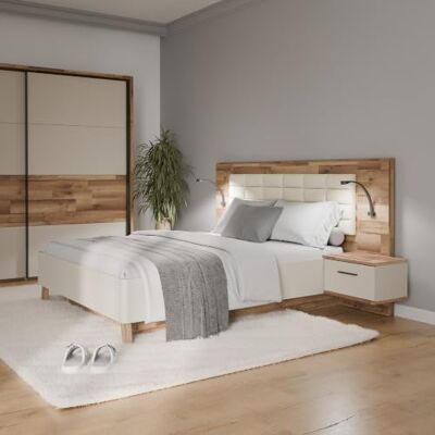 Forte RICCIANO Bettgestell mit Nachtkommoden 140x190cm, Bett mit Polsterkopfteil, Holzwerkstoff, Stabeiche Holzdekor/Betonoptik Dunkelgrau, 256,5 cm breit x 119,7 cm hoch x 199,9 cm tief Forte RICCIANO Bettgestell mit Nachtkommoden 140x190cm, Bett mit Polsterkopfteil, Holzwerkstoff, Stabeiche Holzdekor/Betonoptik Dunkelgrau, 256,5 cm breit x 119,7 cm hoch x 199,9 cm tief