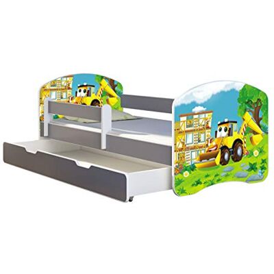 ACMA Kinderbett Jugendbett mit Einer Schublade und Matratze Grau mit Rausfallschutz Lattenrost II Spielbett Kinderzimmer Möbel (20 Bagger, 140x70 + Bettkasten) ACMA Kinderbett Jugendbett mit Einer Schublade und Matratze Grau mit Rausfallschutz Lattenrost II Spielbett Kinderzimmer Möbel (20 Bagger, 140x70 + Bettkasten)